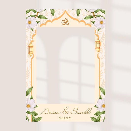 Personalised Nikah Walima Printed Selfie Frame: Floral Lantern Design Wedding Photo Booth Prop - Customise Names & Date