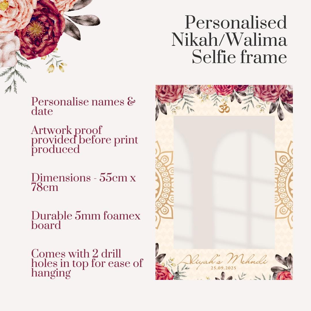 Personalised Nikah Walima Printed Selfie Frame: Floral Mandala Wedding Photo Booth Prop - Customise Names & Date