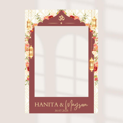 Personalised Nikah Walima Printed Selfie Frame: Floral Lantern Design - Wedding Photo Booth Prop - Customise Names & Date