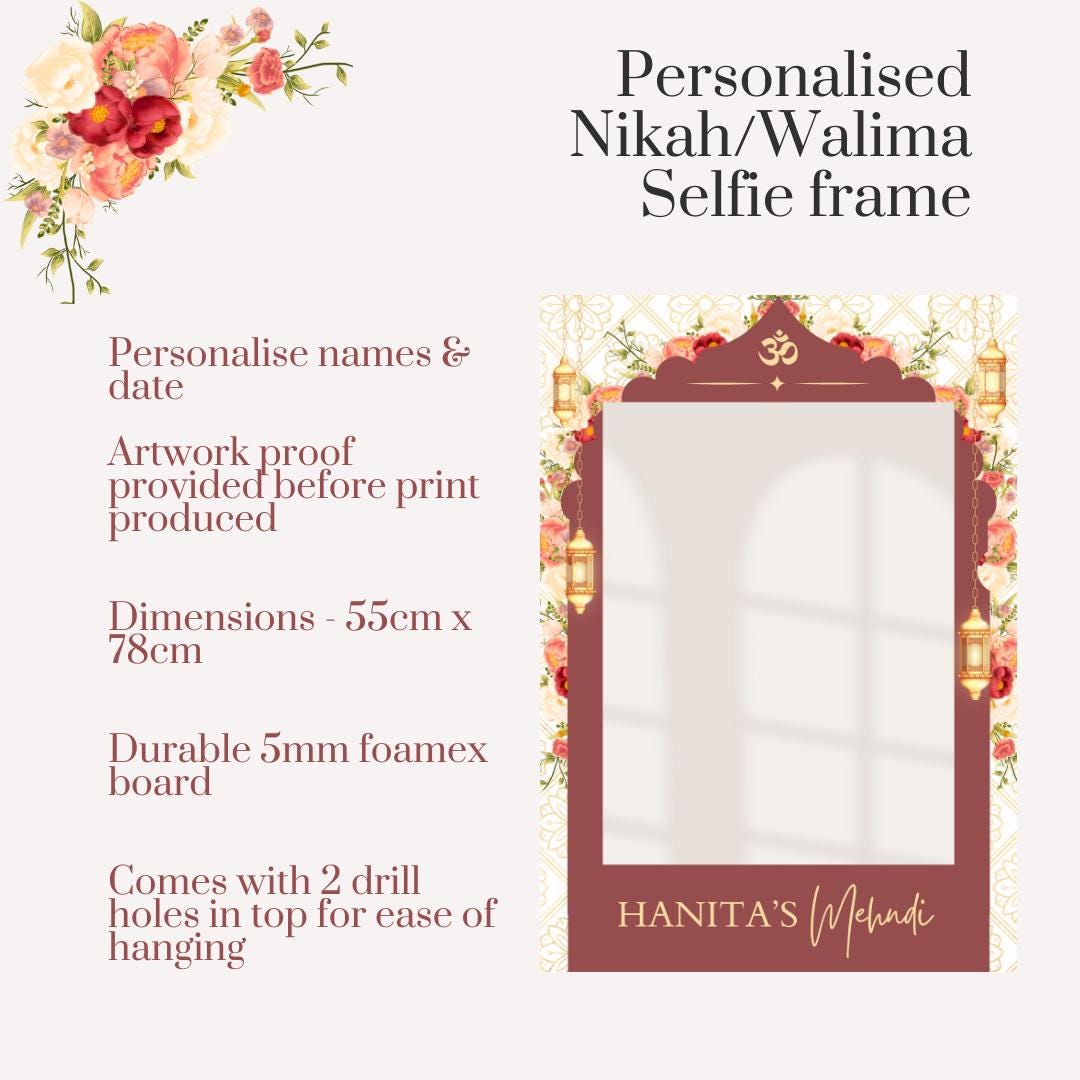Personalised Nikah Walima Printed Selfie Frame: Floral Lantern Design - Wedding Photo Booth Prop - Customise Names & Date