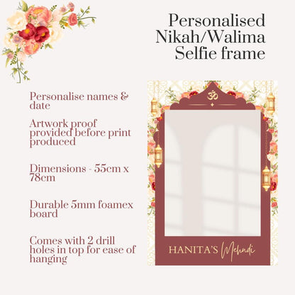 Personalised Nikah Walima Printed Selfie Frame: Floral Lantern Design - Wedding Photo Booth Prop - Customise Names & Date