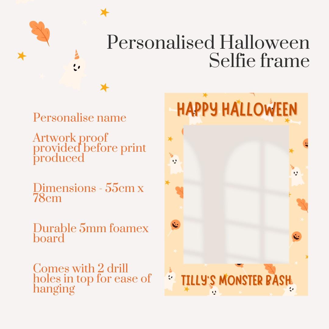 Personalised Printed Cute Halloween Selfie Frame | Kids Monster Bash Photo Booth Prop | Custom Name Ghost & Pumpkin Halloween Party Decor