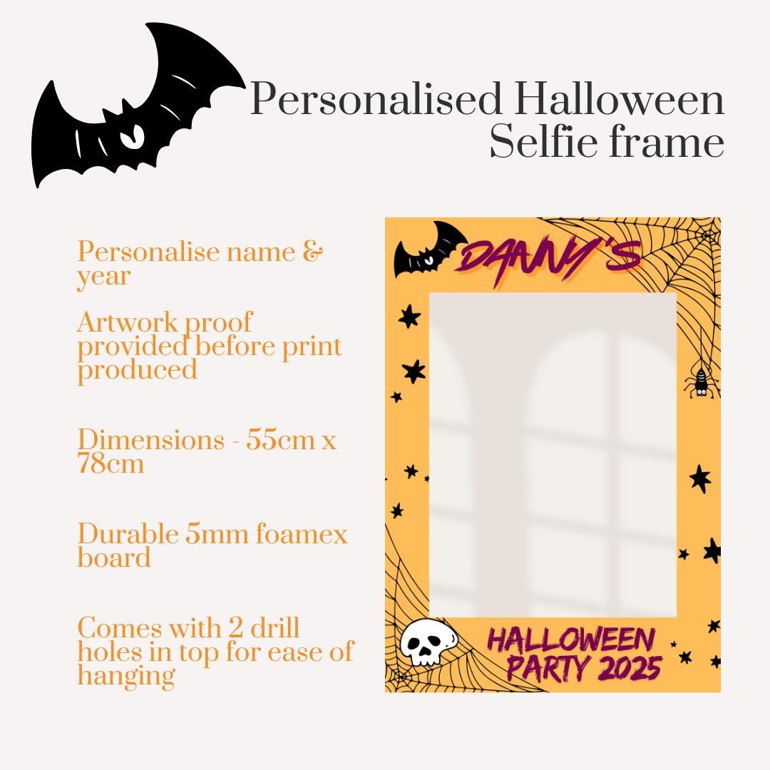 Personalised Printed Halloween Selfie Frame | Spooky Party Photo Booth Prop | Custom Name & Year Halloween Decoration | Bat Skull Design