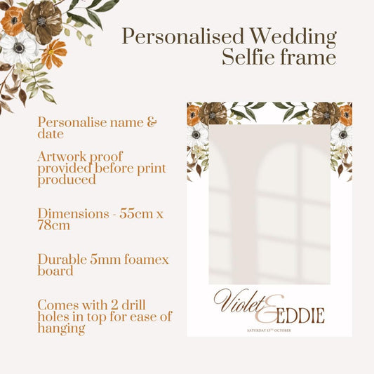 Personalised Autumn Wedding Selfie Frame | Rustic Fall Wedding Photo Prop | Custom Names & Date | Burnt Orange / Neutral Florals |