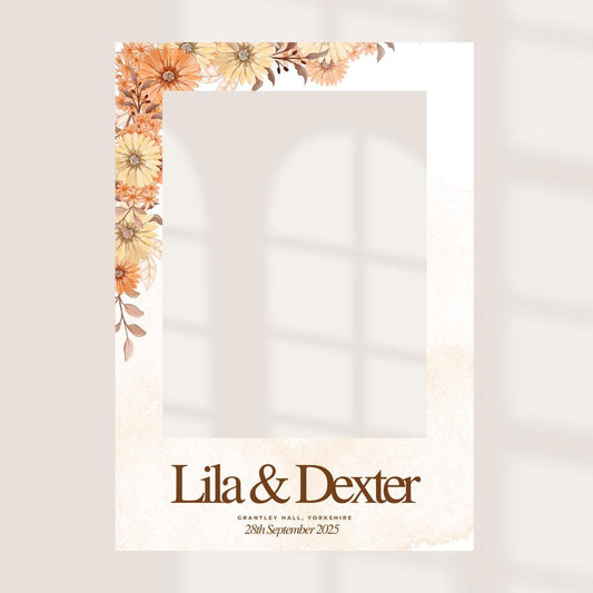 Personalised Autumn Wedding Selfie Frame | Rustic Fall Wedding Photo Booth Prop | Custom Names, Venue & Date | Boho Pumpkin / Foliage Design