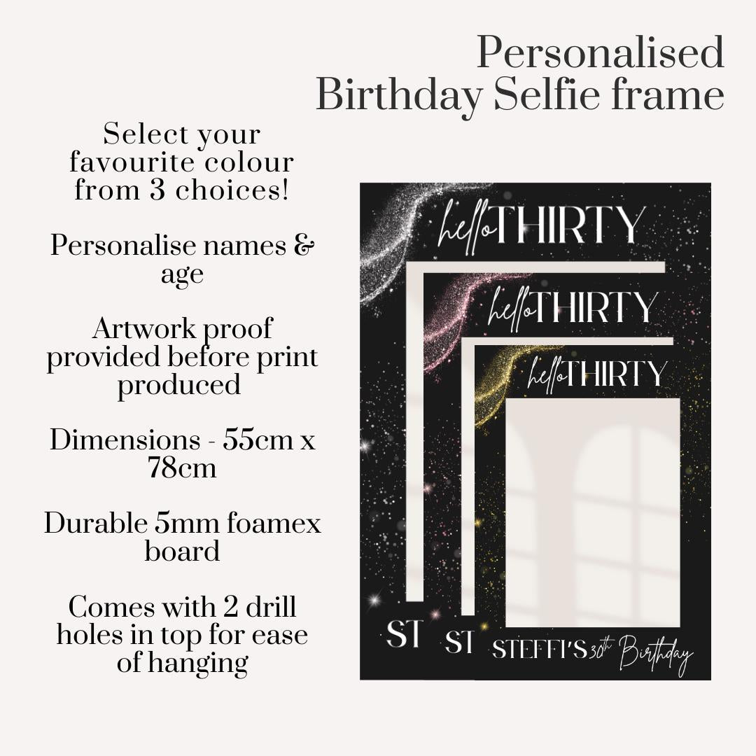 Personalised Birthday Selfie Frame | Minimalistic Sparkle Glitter Design | Custom Name & Age | Birthday Party |  3 Colour Options | Printed
