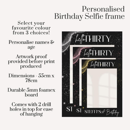 Personalised Birthday Selfie Frame | Minimalistic Sparkle Glitter Design | Custom Name & Age | Birthday Party |  3 Colour Options | Printed