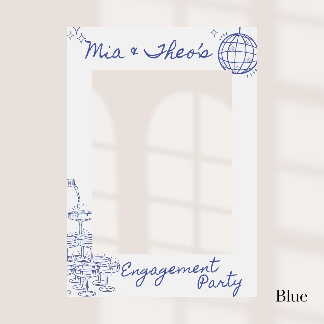 Printed Personalised Engagement Party Selfie Frame – Disco Ball & Champagne Tower Design – Custom Names – 55x78cm – Foamex Photo Prop