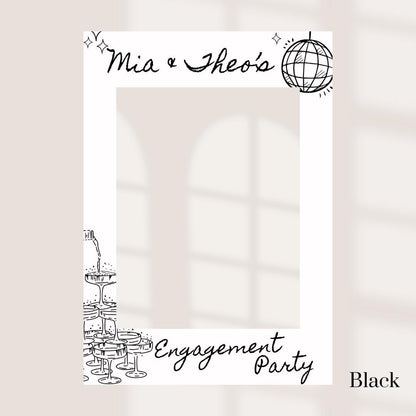 Printed Personalised Engagement Party Selfie Frame – Disco Ball & Champagne Tower Design – Custom Names – 55x78cm – Foamex Photo Prop