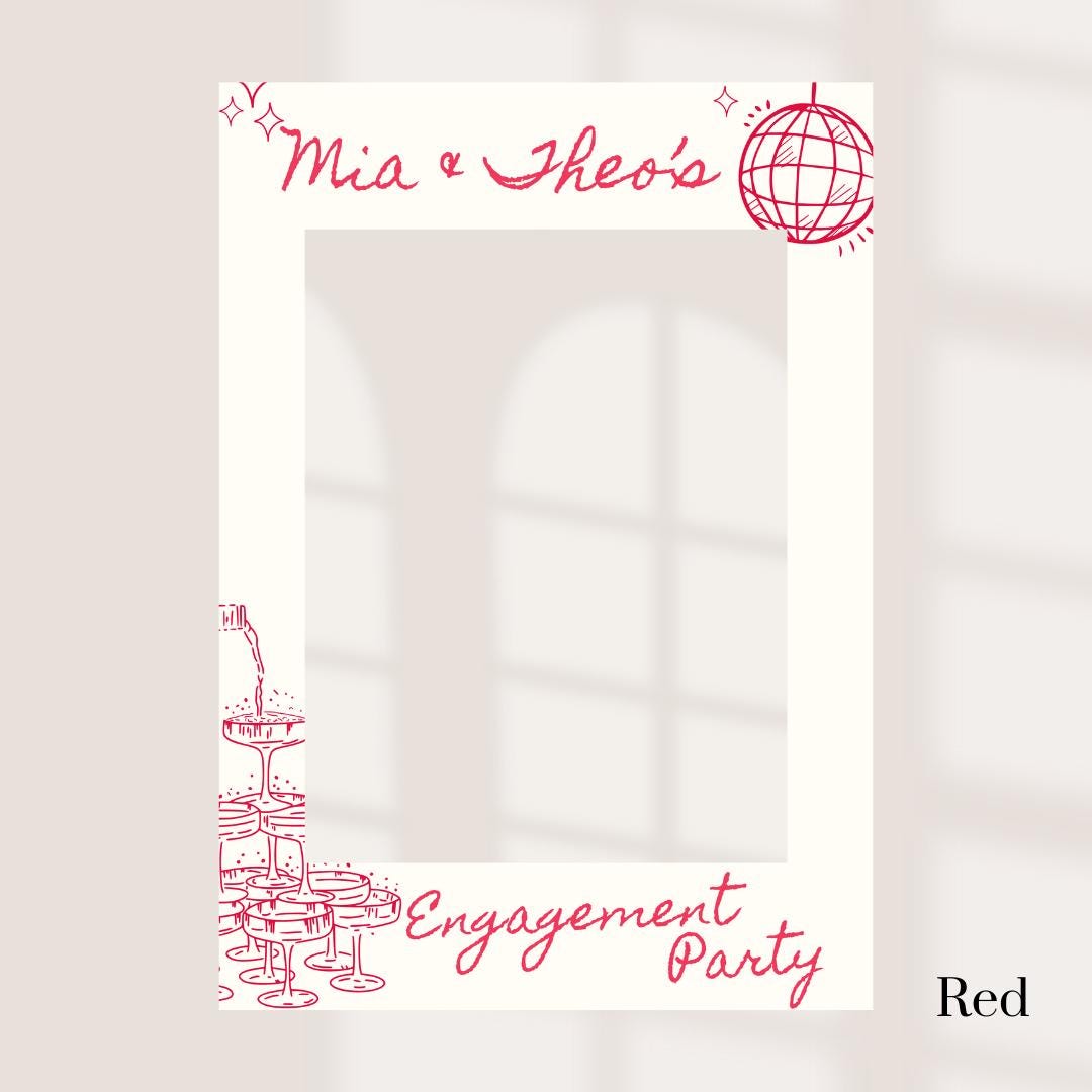 Printed Personalised Engagement Party Selfie Frame – Disco Ball & Champagne Tower Design – Custom Names – 55x78cm – Foamex Photo Prop