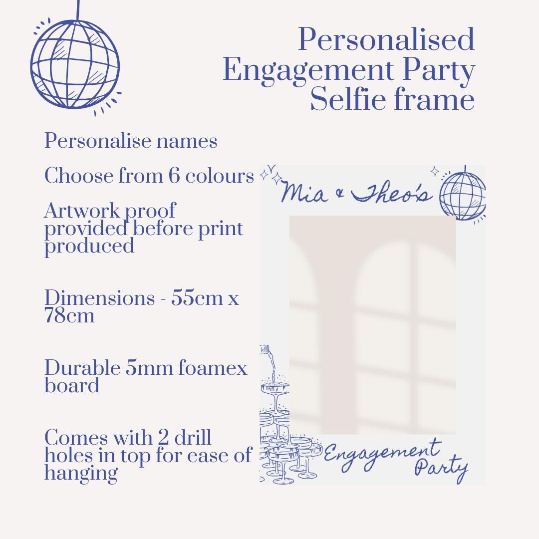 Printed Personalised Engagement Party Selfie Frame – Disco Ball & Champagne Tower Design – Custom Names – 55x78cm – Foamex Photo Prop