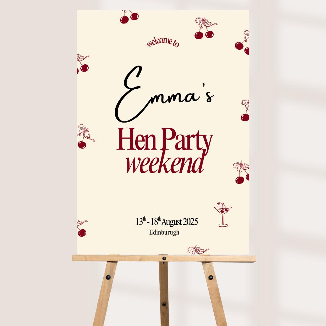 Personalised Hen Party Welcome Sign | Cherry Hen Weekend Sign | Custom Name, Date & Location | Hen Do Decoration | A3, A2, A1 Printed Board