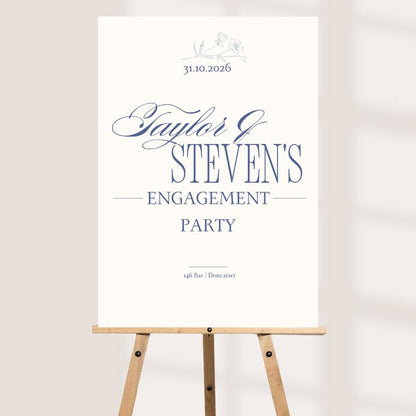 Personalised Engagement Party Welcome Sign | Custom Names Venue & Date | Elegant Blue Botanical Engagement Board | Engagement Party Decor