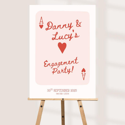 Personalised Engagement Party Welcome Sign | Playing Card Theme Engagement Board | Red Heart Engagement Party Decoration | Various Sizes