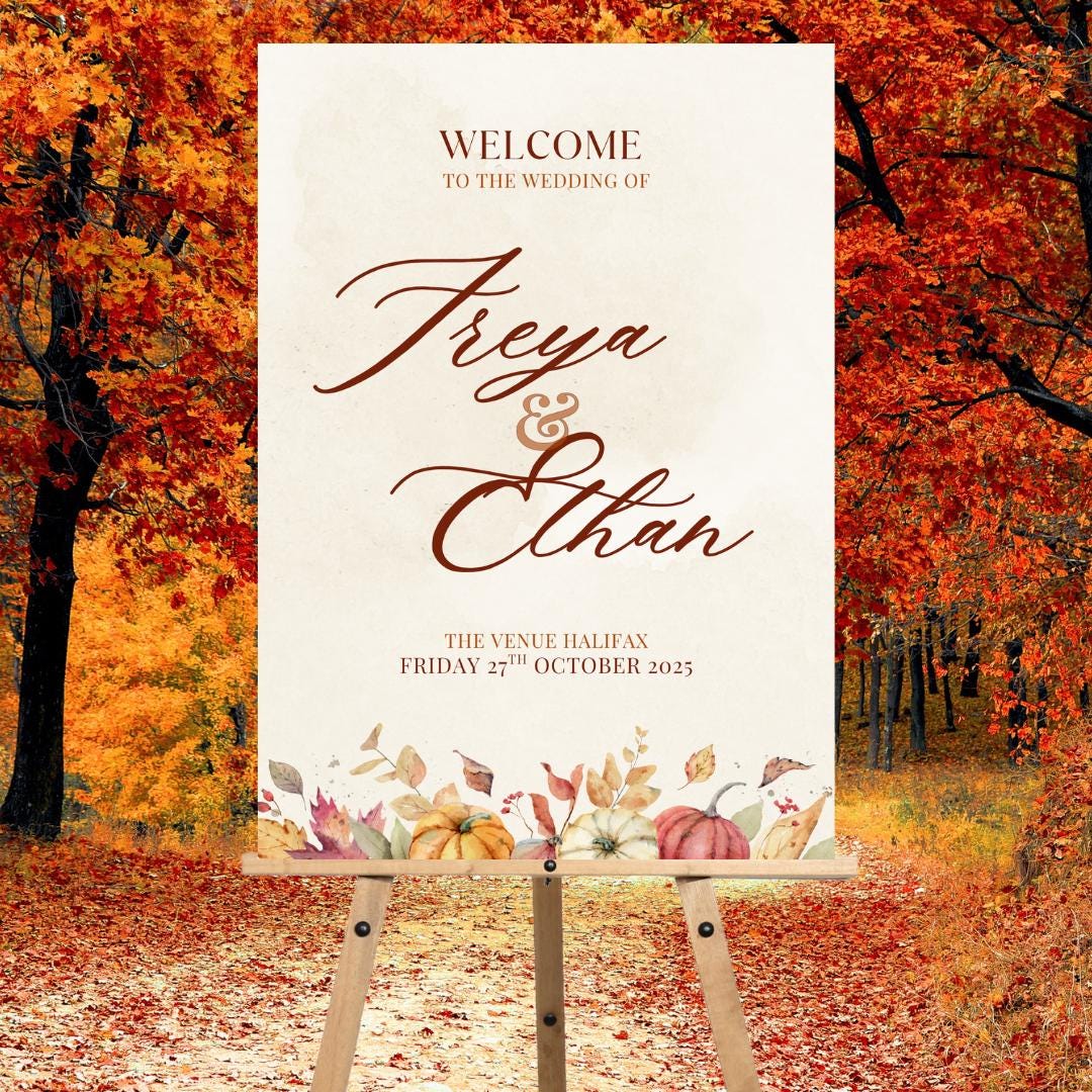 Personalised Autumn Wedding Welcome Sign | Rustic Pumpkin Fall Wedding Board | Custom Names Date & Venue | Barn Wedding Decor |