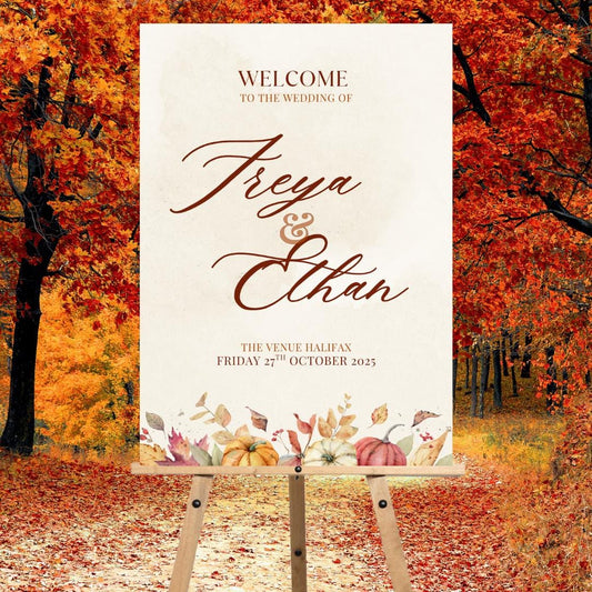 Personalised Autumn Wedding Welcome Sign | Rustic Pumpkin Fall Wedding Board | Custom Names Date & Venue | Barn Wedding Decor |