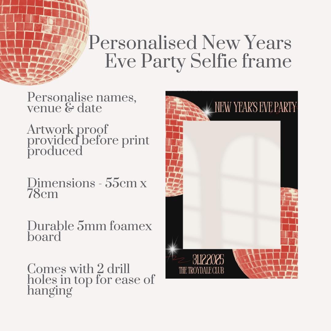 Personalised New Year’s Eve Party Selfie Frame | Custom Names, Venue & Date | Red Disco Ball Design | NYE Photo Prop | Foamex Board