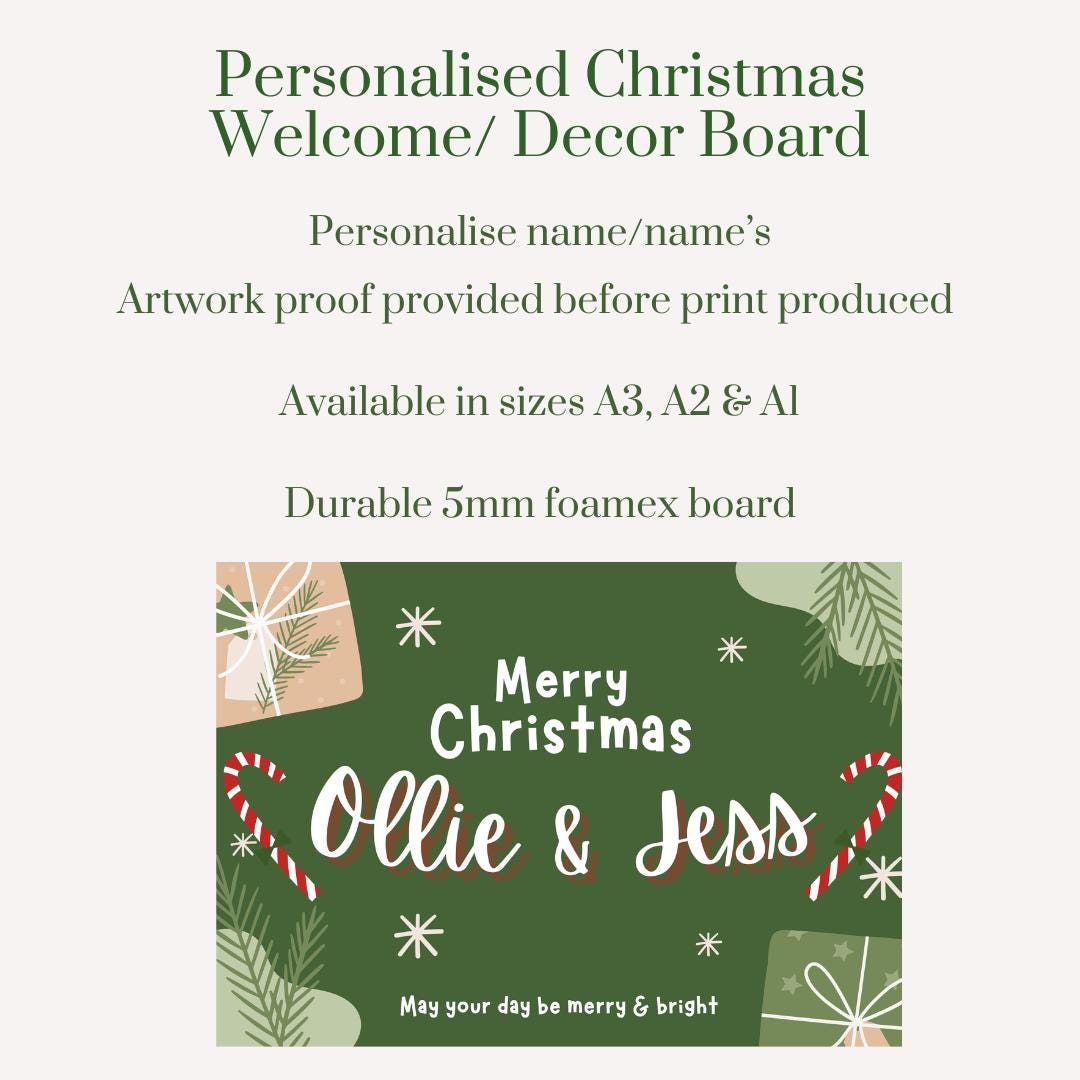 Personalised Christmas Welcome Sign | Green Candy Cane Christmas Decor Board | Custom Festive Party Sign | Holiday Decoration | Printed