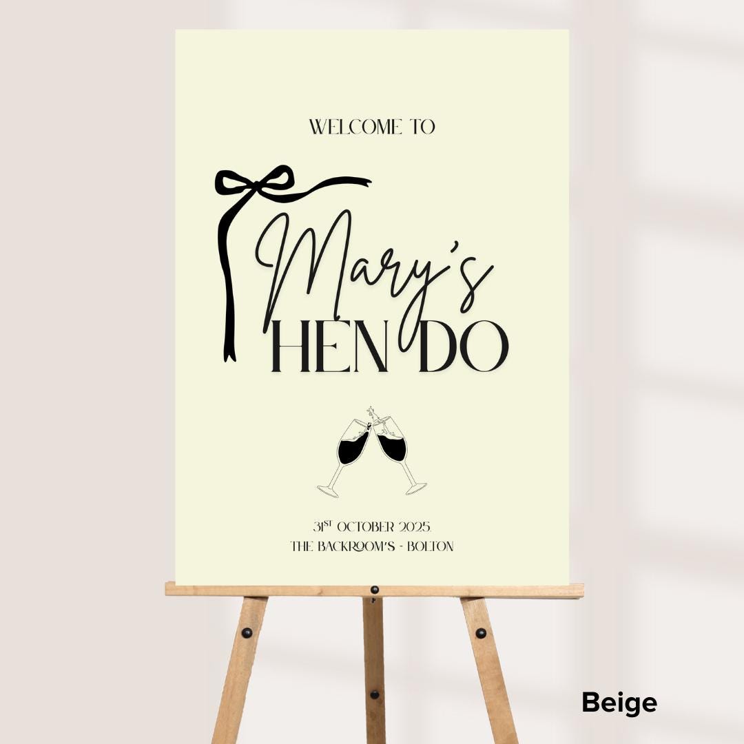 Personalised Hen Party Sign | Custom Hen Do Welcome Board | Modern Minimalist Hen Party Décor | Elegant Bow Design with 3 Colour Options