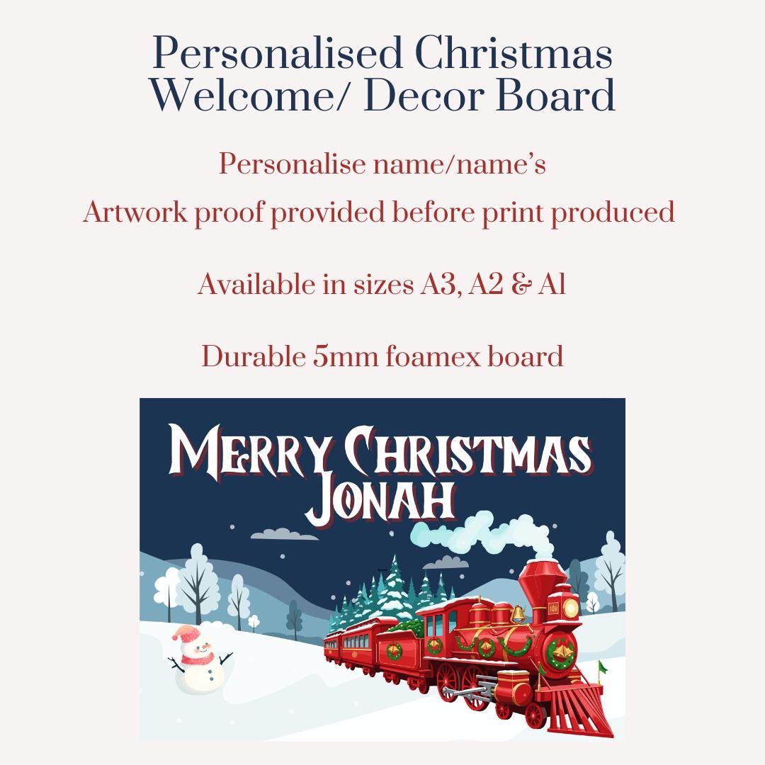 Personalised Christmas Sign | Train Themed Christmas Decor Board | Custom Name Festive Sign | Kids Christmas Party Decoration