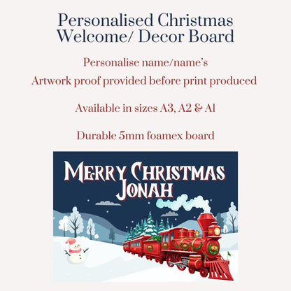 Personalised Christmas Sign | Train Themed Christmas Decor Board | Custom Name Festive Sign | Kids Christmas Party Decoration