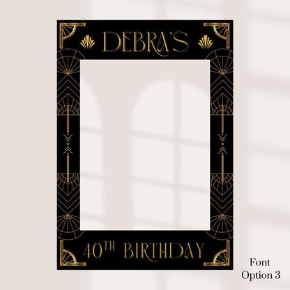 Personalised 1920s Birthday Selfie Frame – Art Deco Black & Gold x 3 Font's