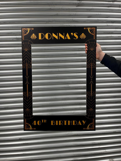 Personalised 1920s Birthday Selfie Frame – Art Deco Black & Gold x 3 Font's