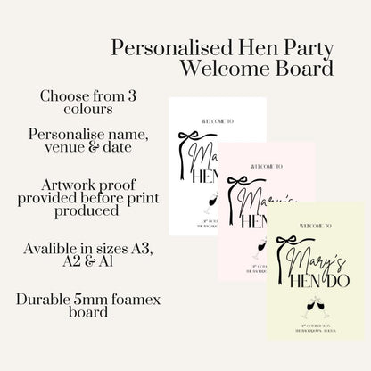 Personalised Hen Party Sign | Custom Hen Do Welcome Board | Modern Minimalist Hen Party Décor | Elegant Bow Design with 3 Colour Options