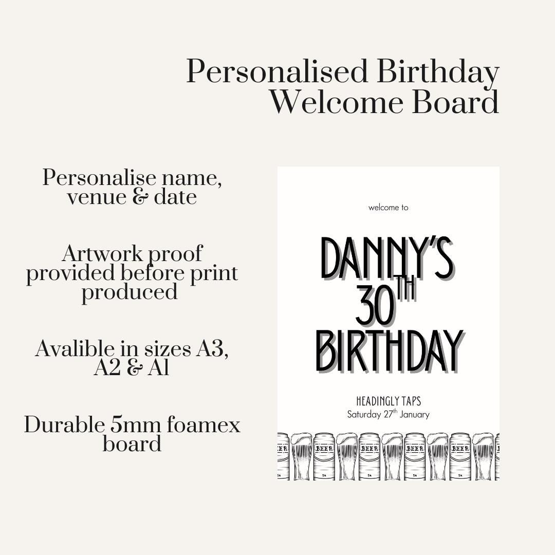 Personalised Birthday Welcome Sign | Beer Themed Party Board | Custom Name & Venue | Pub Party Décor | Matching Selfie Frame