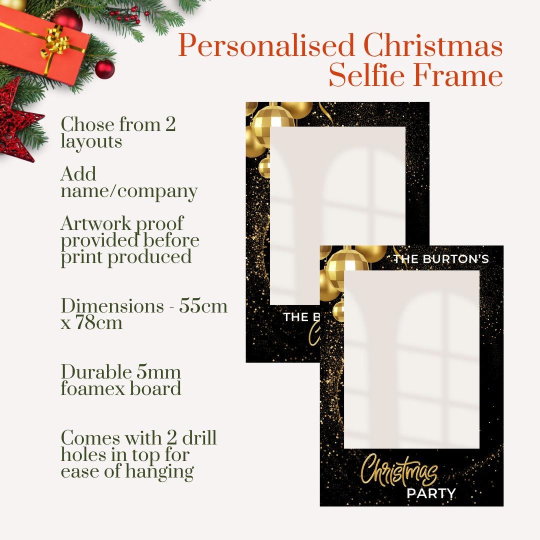 Personalised Christmas Selfie Frame | Black & Gold Christmas Party Photo Prop | Custom Company Christmas Decoration | Photo Booth Frame
