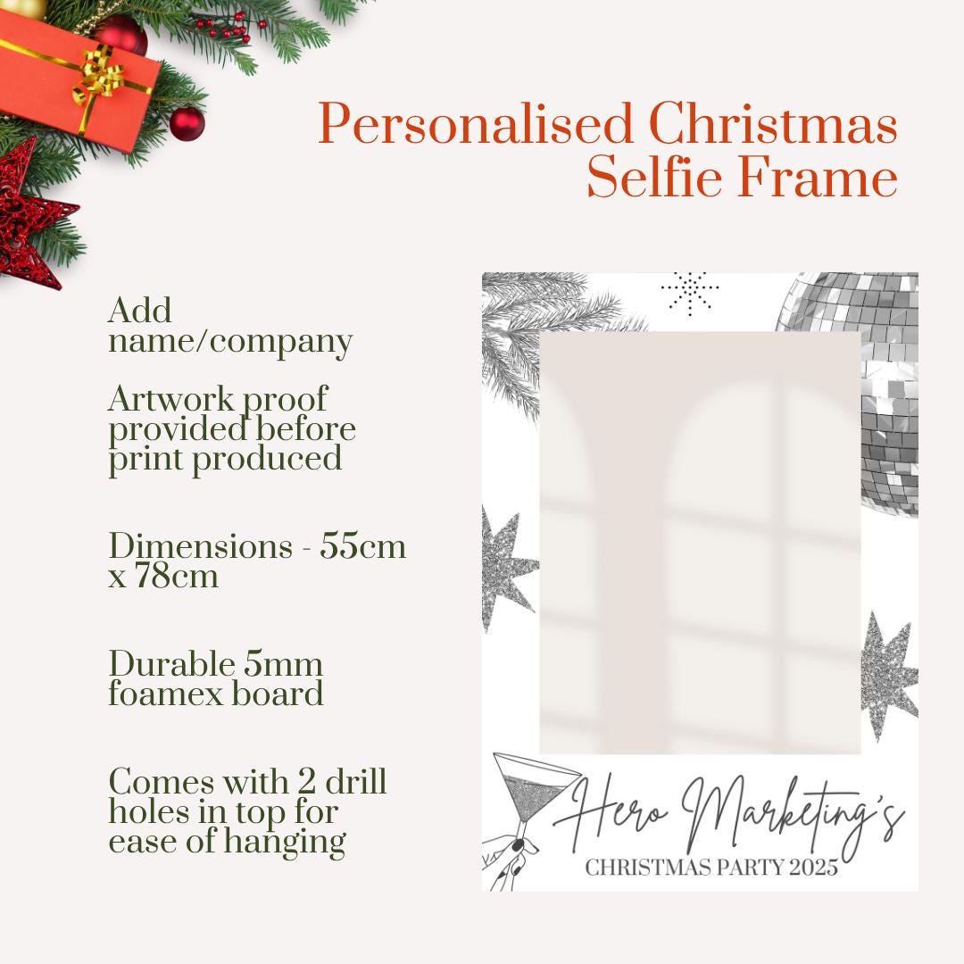 Personalised Christmas Selfie Frame | White & Silver Disco Christmas Party Photo Prop | Custom Company Christmas Decoration | Photo Booth