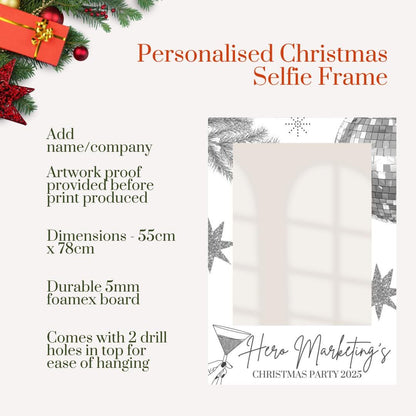 Personalised Christmas Selfie Frame | White & Silver Disco Christmas Party Photo Prop | Custom Company Christmas Decoration | Photo Booth