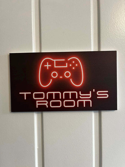 Personalised Gamer Room Sign | Custom Kids Door Plaque | Neon Game Controller Design | 3 Colour Options | Bedroom Door Sign