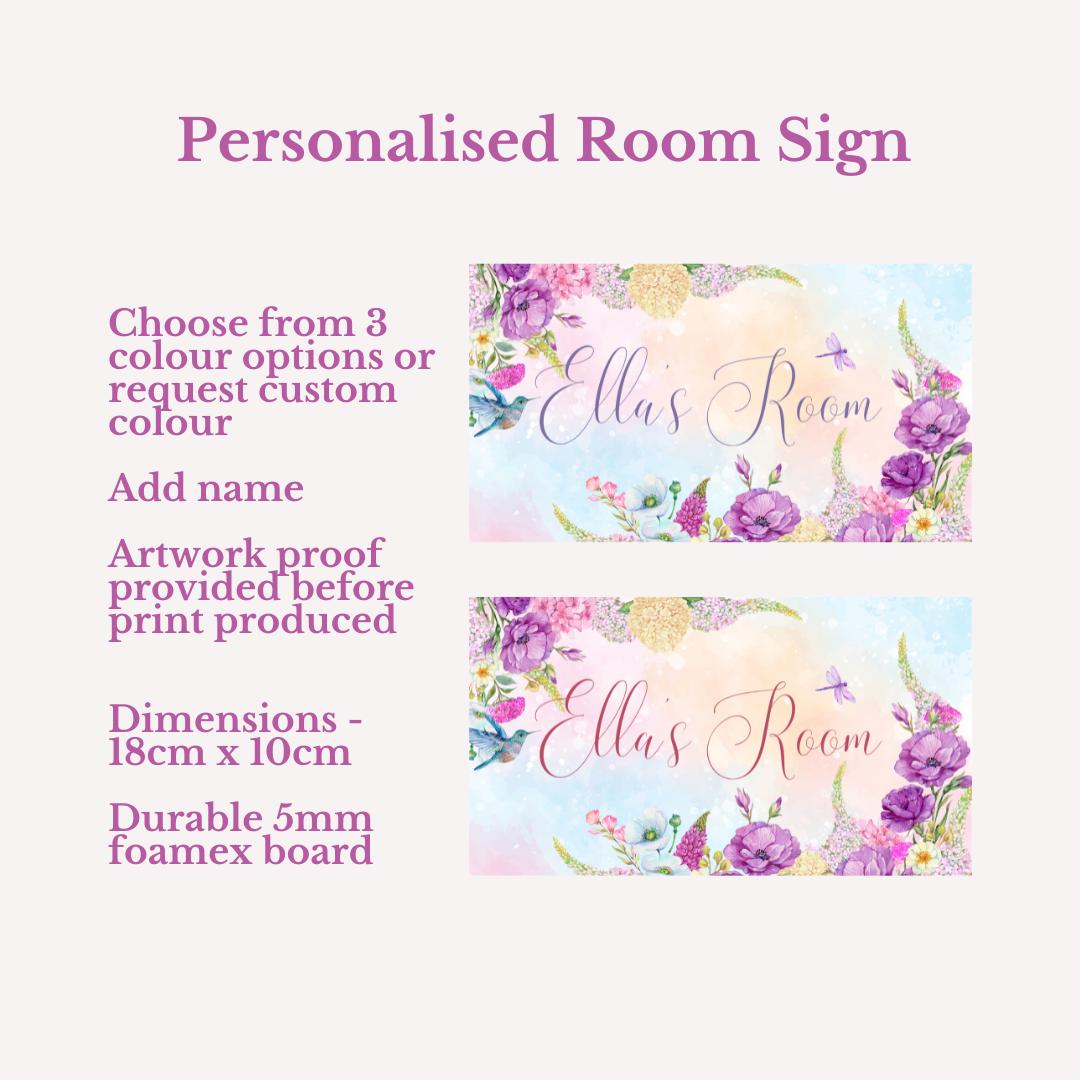 Personalised Floral Room Sign – Custom Name Door Plaque for Children – Watercolour Flower Bedroom Decor x 2 colour options -  18cm x 10cm