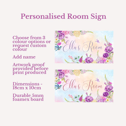 Personalised Floral Room Sign – Custom Name Door Plaque for Children – Watercolour Flower Bedroom Decor x 2 colour options -  18cm x 10cm