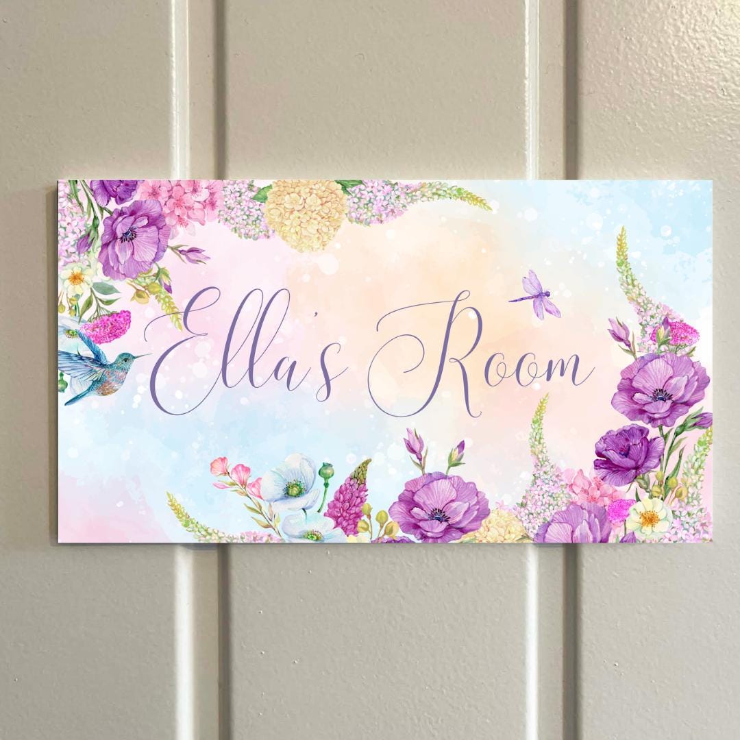 Personalised Floral Room Sign – Custom Name Door Plaque for Children – Watercolour Flower Bedroom Decor x 2 colour options -  18cm x 10cm