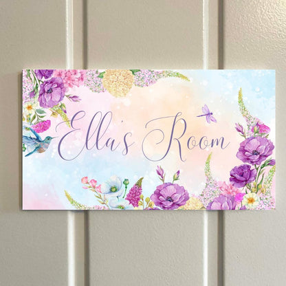 Personalised Floral Room Sign – Custom Name Door Plaque for Children – Watercolour Flower Bedroom Decor x 2 colour options -  18cm x 10cm