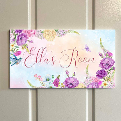 Personalised Floral Room Sign – Custom Name Door Plaque for Children – Watercolour Flower Bedroom Decor x 2 colour optio