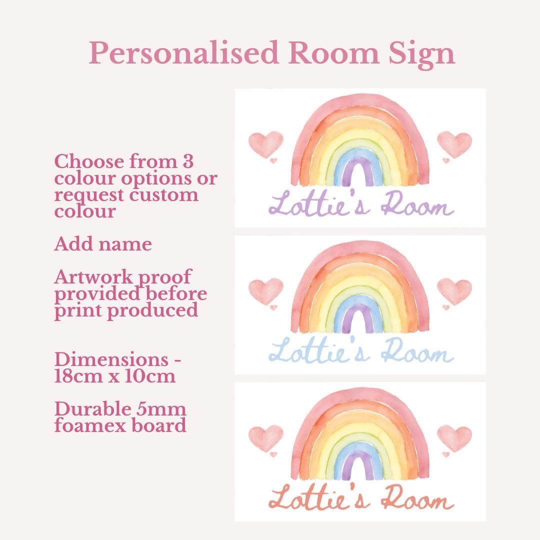 Personalised Kids Rainbow Room Door Sign – Custom Name Plaque – Pastel Nursery Decor – 5mm Foamex – Three Colour Options