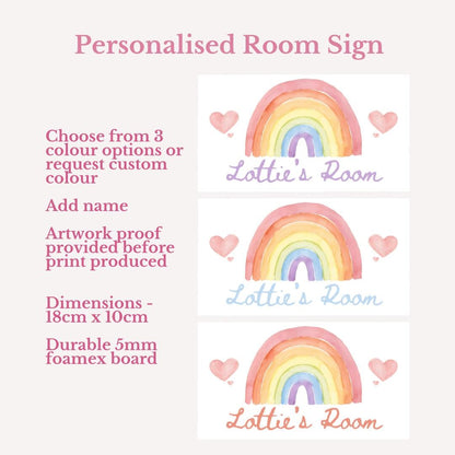 Personalised Kids Rainbow Room Door Sign – Custom Name Plaque – Pastel Nursery Decor – 5mm Foamex – Three Colour Options
