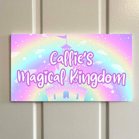Personalised Girls Bedroom Door Sign – Pastel Rainbow Princess Castle Room Sign – Custom Name Kids Room Plaque – Cute Fa