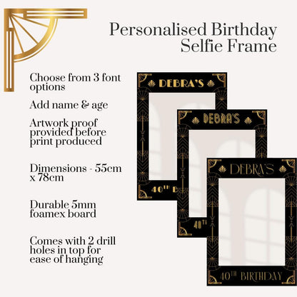 Personalised 1920s Birthday Selfie Frame – Art Deco Black & Gold x 3 Font's