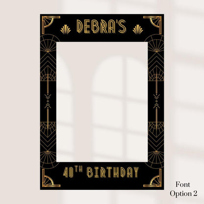 Personalised 1920s Birthday Selfie Frame – Art Deco Black & Gold x 3 Font's