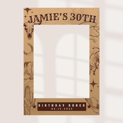 Personalised Rodeo Birthday Selfie Frame – Western Party Photo Prop, Custom Name & Age, Cowboy Theme, 55x78cm, Rustic Co