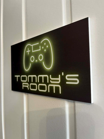 Personalised Gamer Room Sign | Custom Kids Door Plaque | Neon Game Controller Design | 3 Colour Options | Bedroom Door Sign