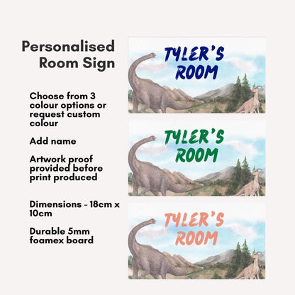 Personalised Dinosaur Kids Door Sign – 3 Colour Options – Custom Name – 5mm Foamex – 18cm x 10cm