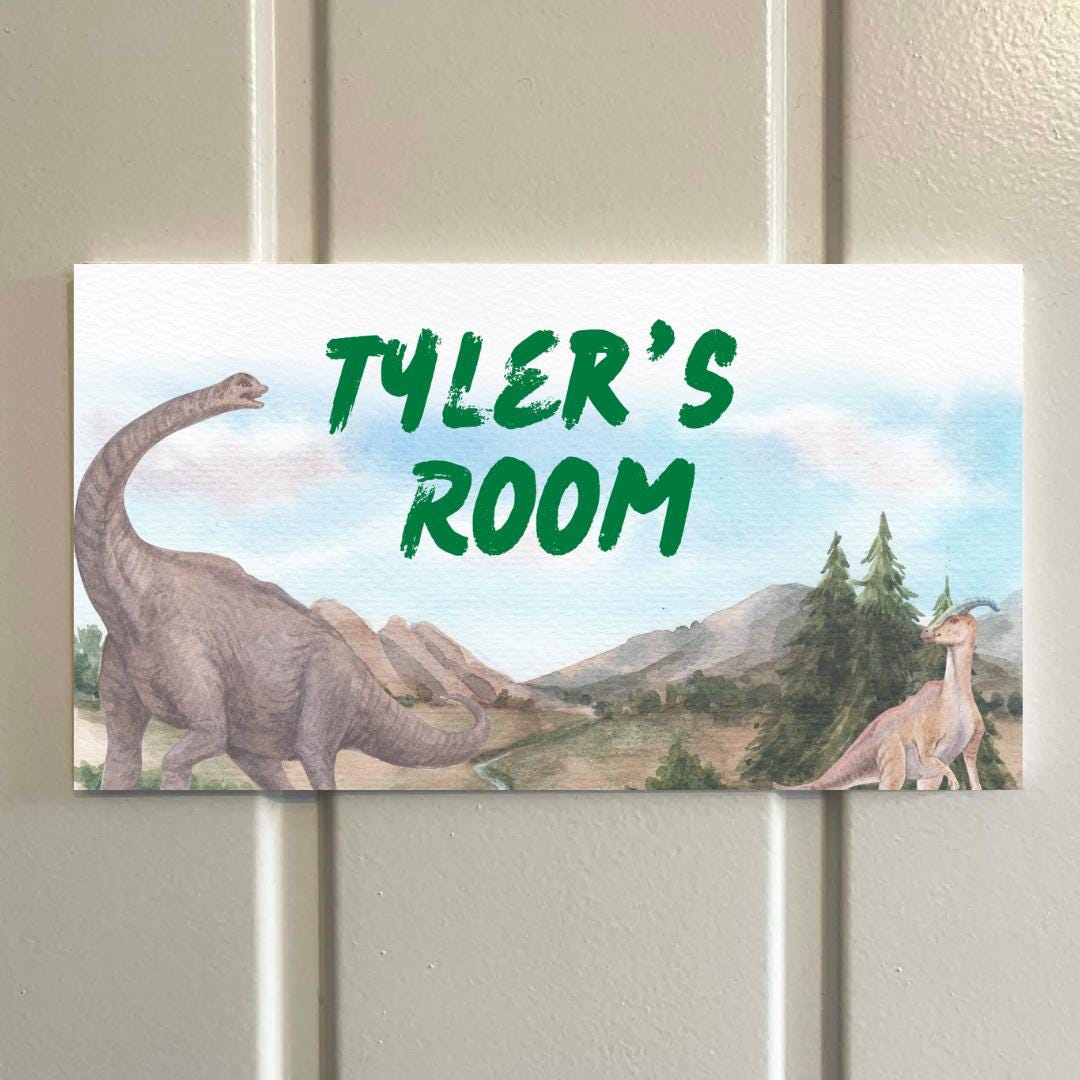 Personalised Dinosaur Kids Door Sign – 3 Colour Options – Custom Name – 5mm Foamex – 18cm x 10cm