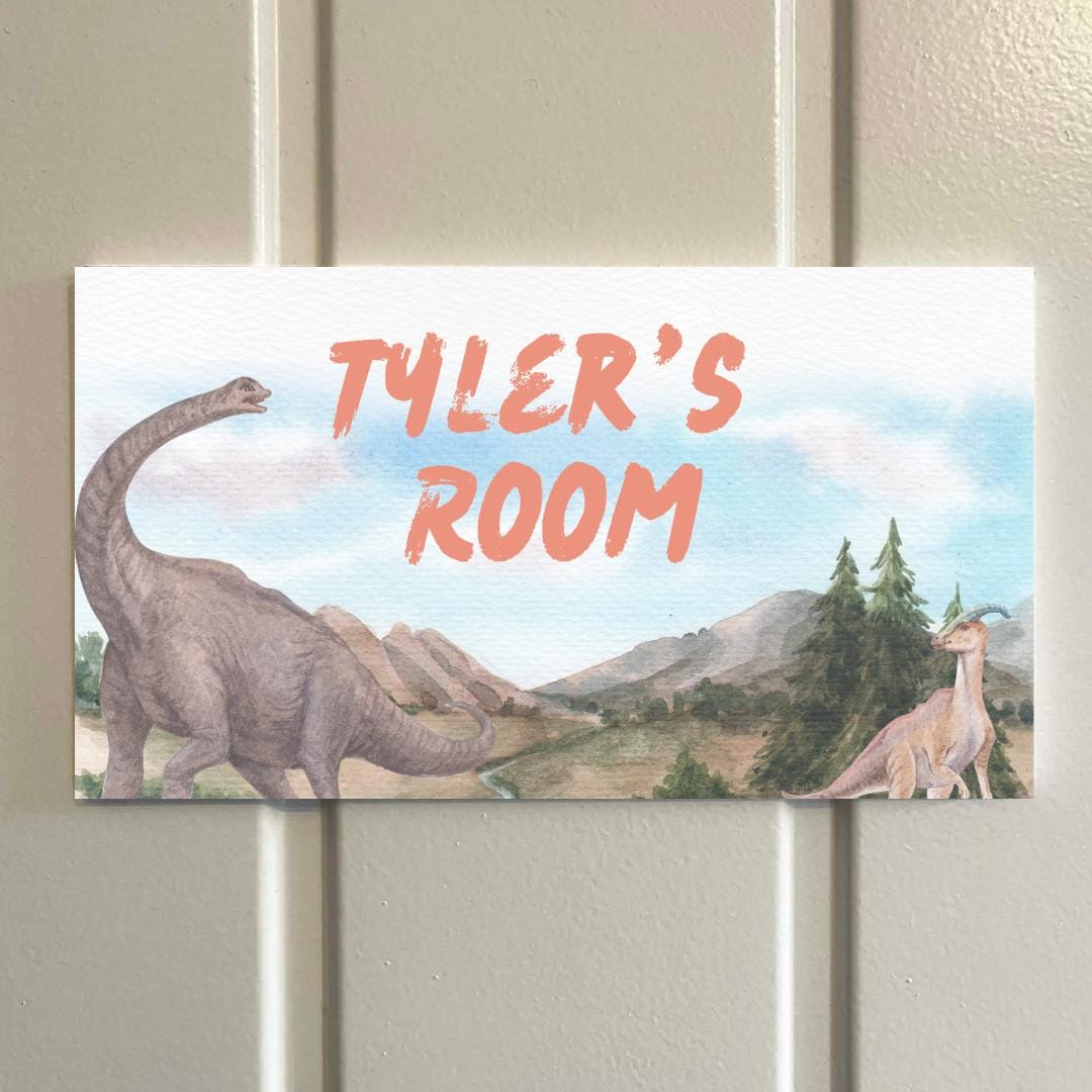 Personalised Dinosaur Kids Door Sign – 3 Colour Options – Custom Name – 5mm Foamex – 18cm x 10cm