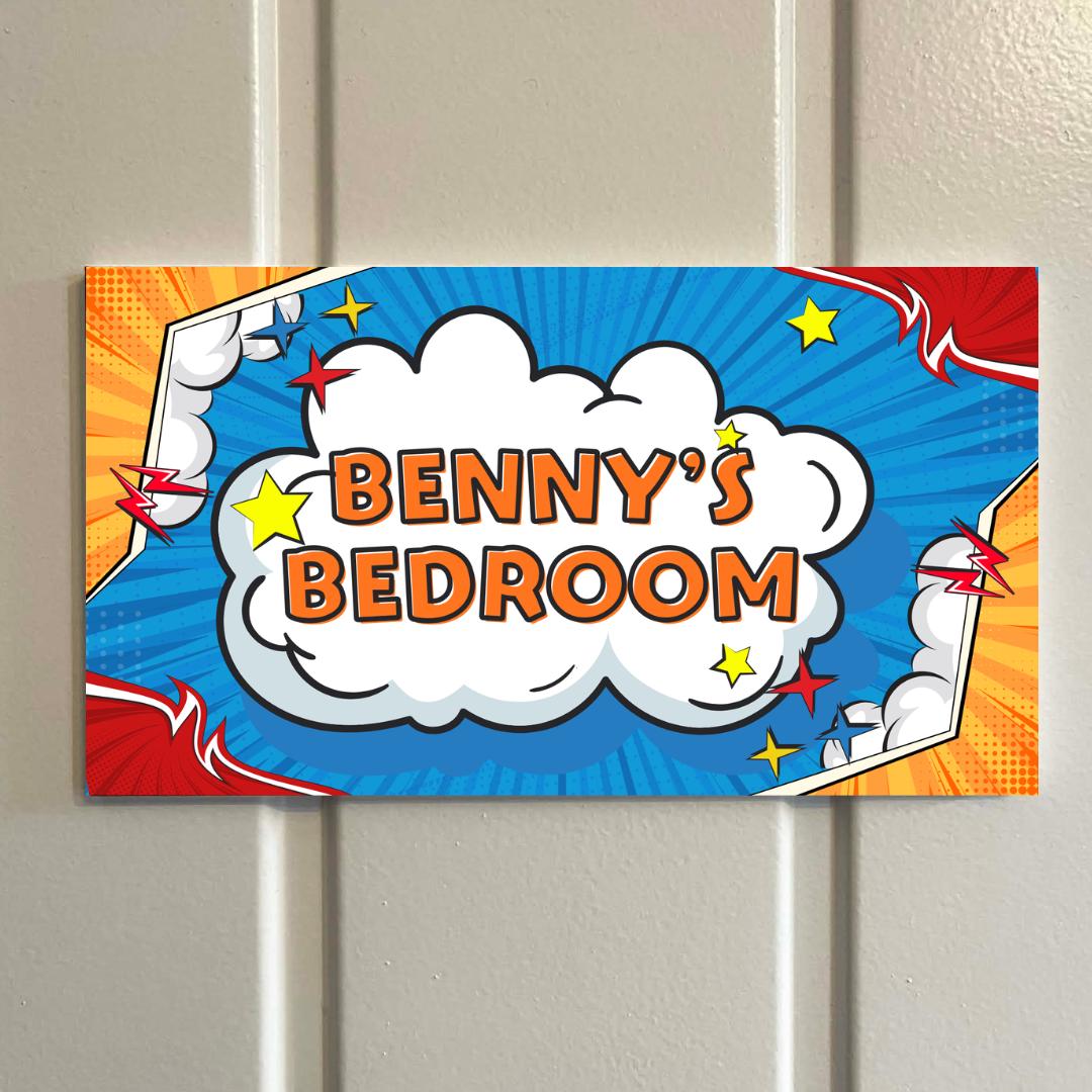 Superhero Comic Style Personalised Room Sign – Custom Name Door Plaque | Kids Bedroom Sign | Three Colour Options | Pow 