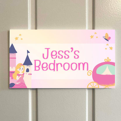 Personalised Princess Bedroom Door Sign – Fairy Tale Castle & Carriage – Custom Name Kids Room Plaque – Girls Bedroom De